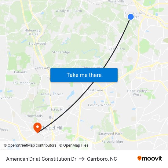 American Dr at Constitution Dr to Carrboro, NC map