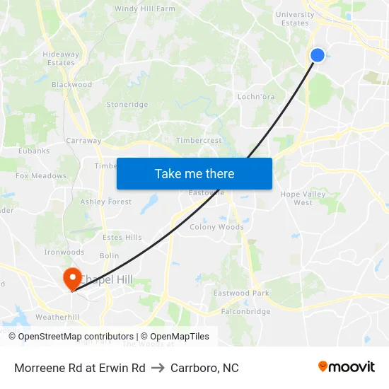 Morreene Rd at Erwin Rd to Carrboro, NC map