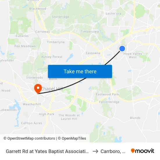 Garrett Rd at Yates Baptist Association to Carrboro, NC map