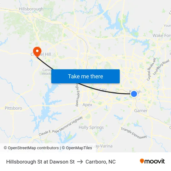 Hillsborough St at Dawson St to Carrboro, NC map