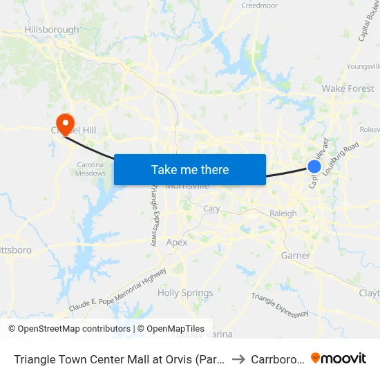 Triangle Town Center Mall at Orvis (Park And Ride) to Carrboro, NC map