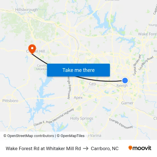 Wake Forest Rd at Whitaker Mill Rd to Carrboro, NC map