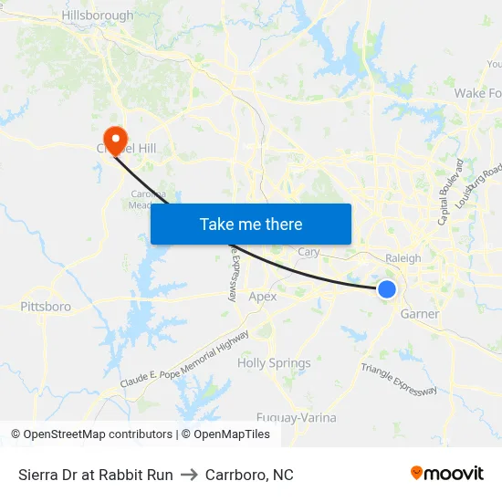 Sierra Dr at Rabbit Run to Carrboro, NC map