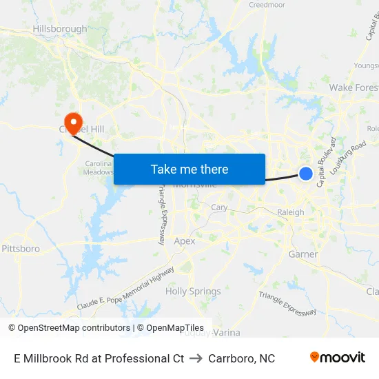 E Millbrook Rd at Professional Ct to Carrboro, NC map