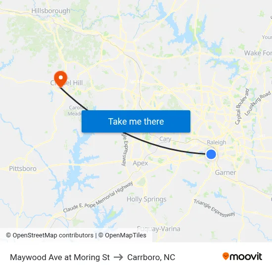 Maywood Ave at Moring St to Carrboro, NC map