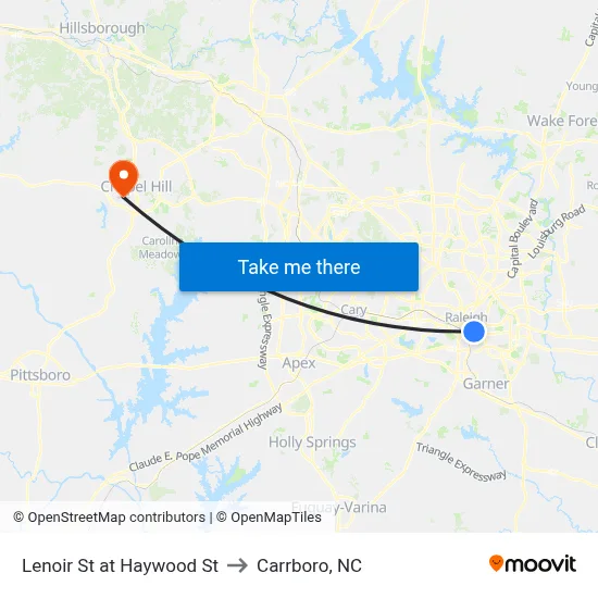 Lenoir St at Haywood St to Carrboro, NC map
