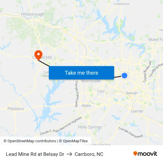 Lead Mine Rd at Belsay Dr to Carrboro, NC map