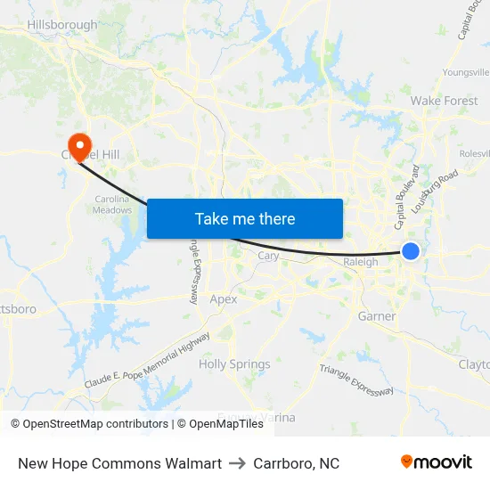 New Hope Commons Walmart to Carrboro, NC map