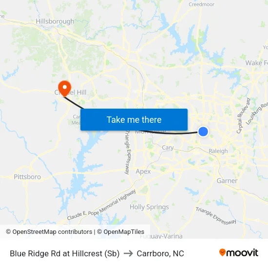 Blue Ridge Rd at Hillcrest (Sb) to Carrboro, NC map