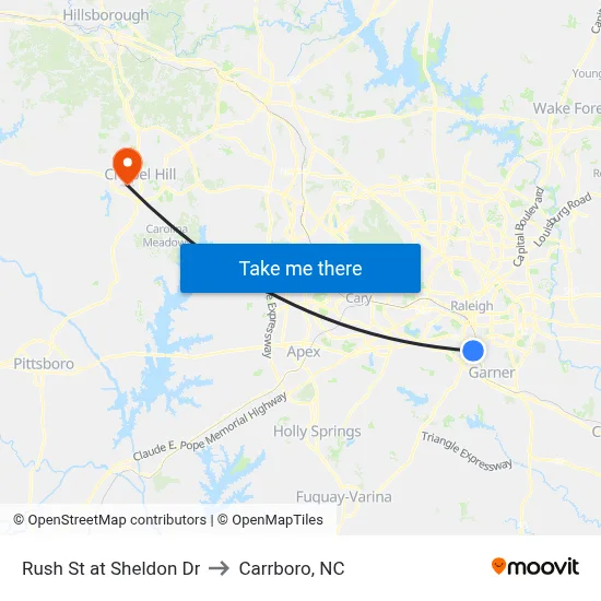 Rush St at Sheldon Dr to Carrboro, NC map