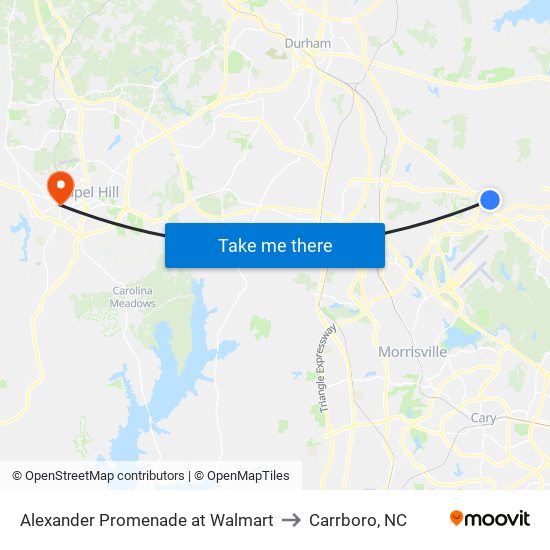 Alexander Promenade at Walmart to Carrboro, NC map