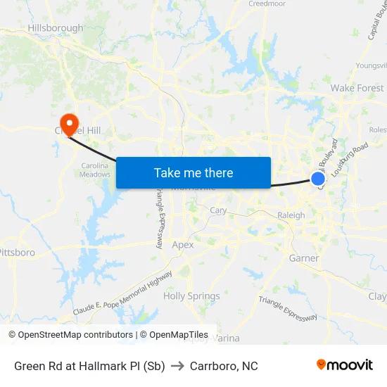 Green Rd at Calvary Dr to Carrboro, NC map
