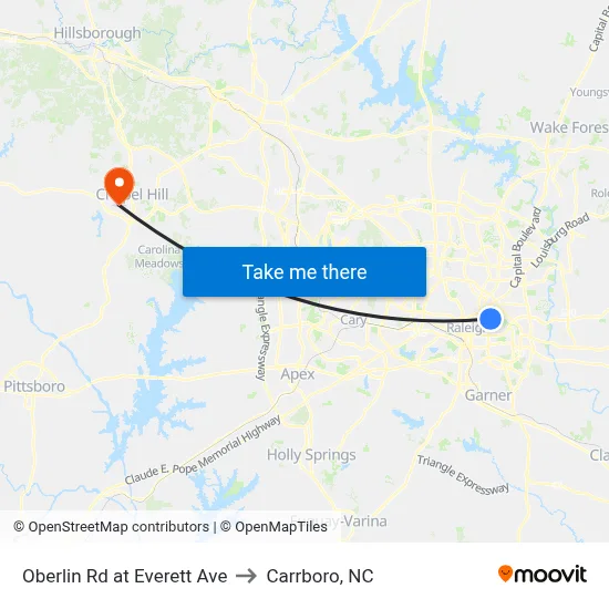 Oberlin Rd at Everett Ave to Carrboro, NC map
