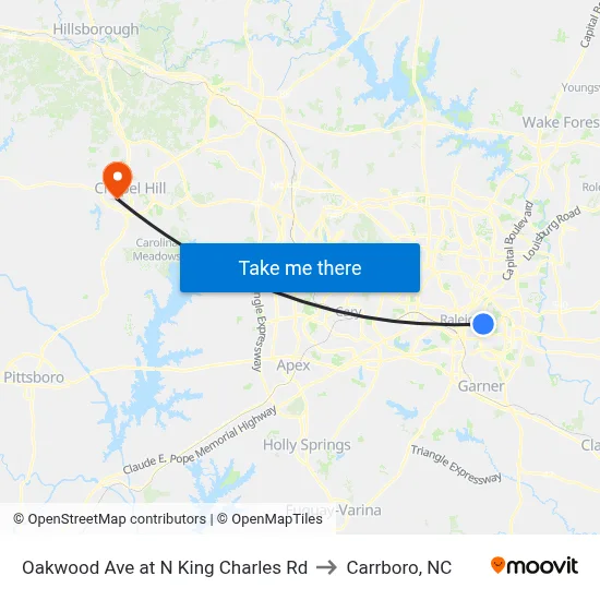 Oakwood Ave at N King Charles Rd to Carrboro, NC map