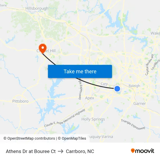 Athens Dr at Bouree Ct to Carrboro, NC map