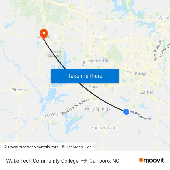 Wake Tech Community College to Carrboro, NC map