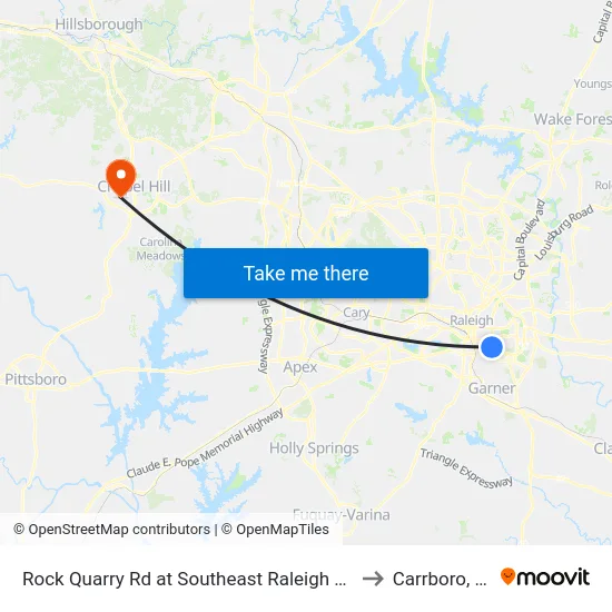 Rock Quarry Rd at Southeast Raleigh Ymca to Carrboro, NC map