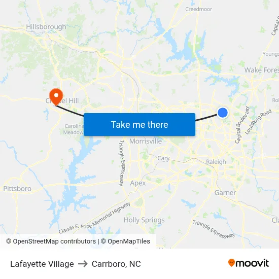 Lafayette Village to Carrboro, NC map