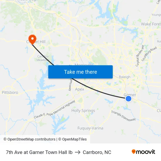 7th Ave at Garner Town Hall Ib to Carrboro, NC map