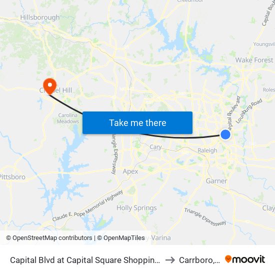 Capital Blvd at Capital Square Shopping Center to Carrboro, NC map