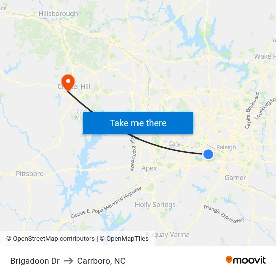 Brigadoon Dr to Carrboro, NC map