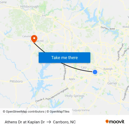 Athens Dr at Kaplan Dr to Carrboro, NC map