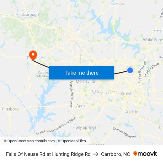 Falls Of Neuse Rd at Hunting Ridge Rd to Carrboro, NC map