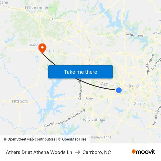 Athers Dr at Athena Woods Ln to Carrboro, NC map