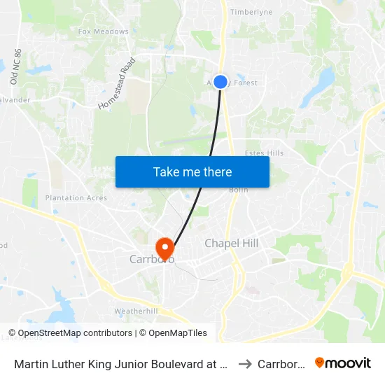 Martin Luther King Junior Boulevard at Northfield Drive to Carrboro, NC map