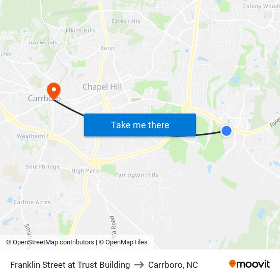 Franklin Street at Trust Building to Carrboro, NC map