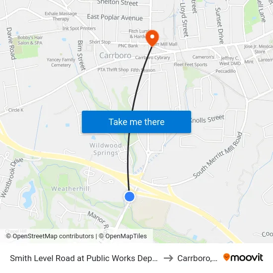 Smith Level Road at Public Works Department to Carrboro, NC map