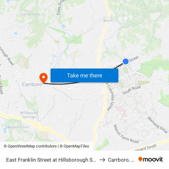 East Franklin Street at Hillsborough Street to Carrboro, NC map