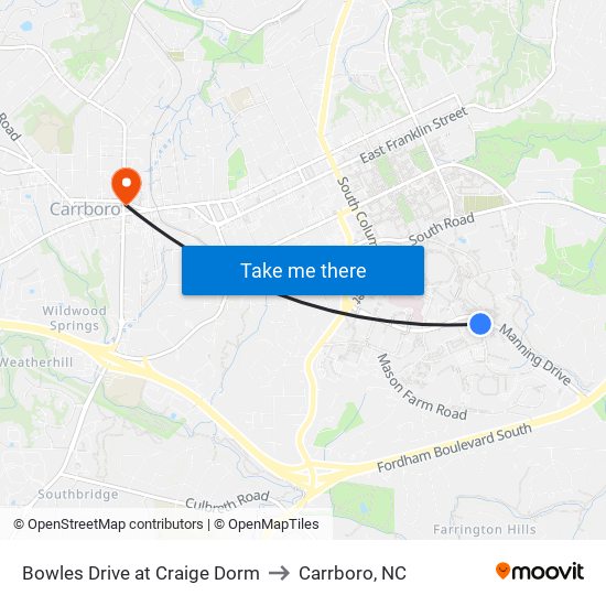 Bowles Drive at Craige Dorm to Carrboro, NC map