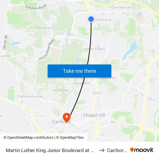 Martin Luther King Junior Boulevard at Westminster Drive to Carrboro, NC map