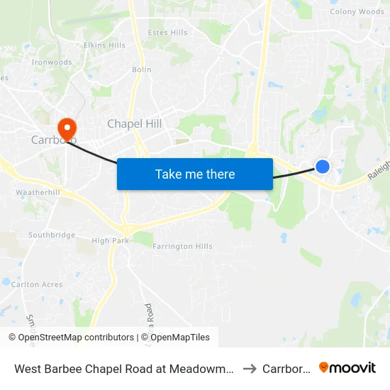 West Barbee Chapel Road at Meadowmont Village Circle to Carrboro, NC map