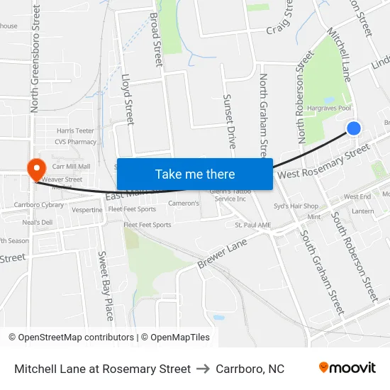 Mitchell Lane at Rosemary Street to Carrboro, NC map