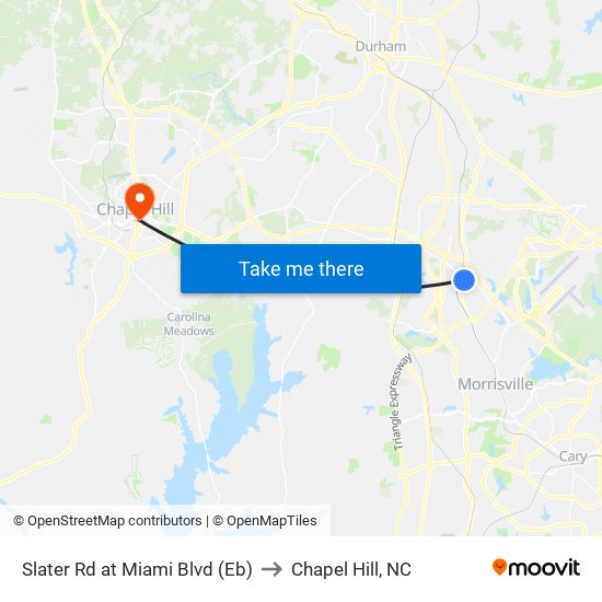 Slater Rd at Miami Blvd (Eb) to Chapel Hill, NC map