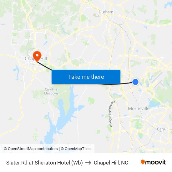 Slater Rd at Sheraton Hotel (Wb) to Chapel Hill, NC map