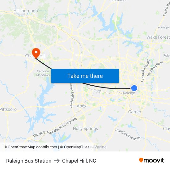 Raleigh Bus Station to Chapel Hill, NC map