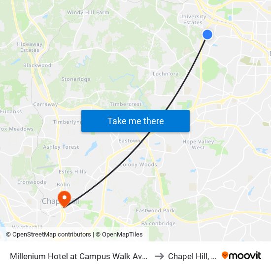 Millenium Hotel at Campus Walk Ave (Eb) to Chapel Hill, NC map
