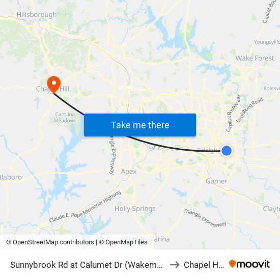 Sunnybrook Rd at Calumet Dr (Wakemed Medical Park) to Chapel Hill, NC map