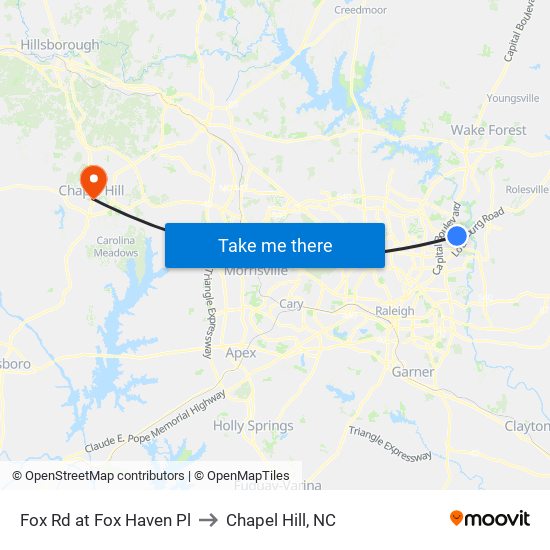 Fox Rd at Fox Haven Pl to Chapel Hill, NC map