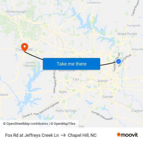 Fox Rd at Jeffreys Creek Ln to Chapel Hill, NC map