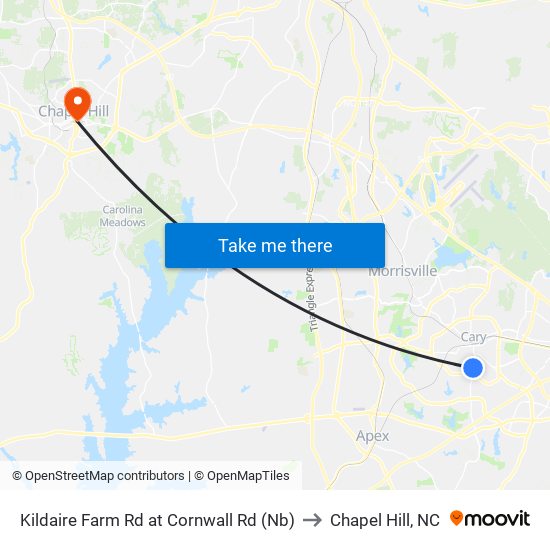 Kildaire Farm Rd at Cornwall Rd (Nb) to Chapel Hill, NC map