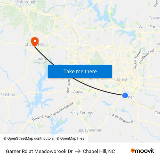 Garner Rd at Meadowbrook Dr to Chapel Hill, NC map