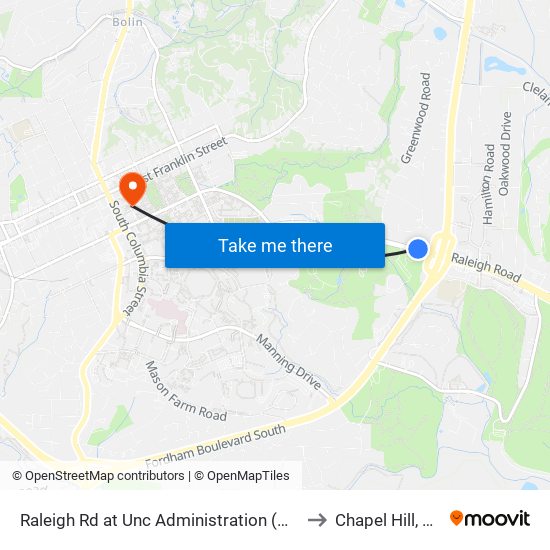 Raleigh Rd at Unc Administration (Wb) to Chapel Hill, NC map