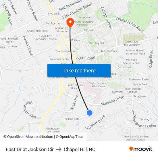 East Dr at Jackson Cir to Chapel Hill, NC map