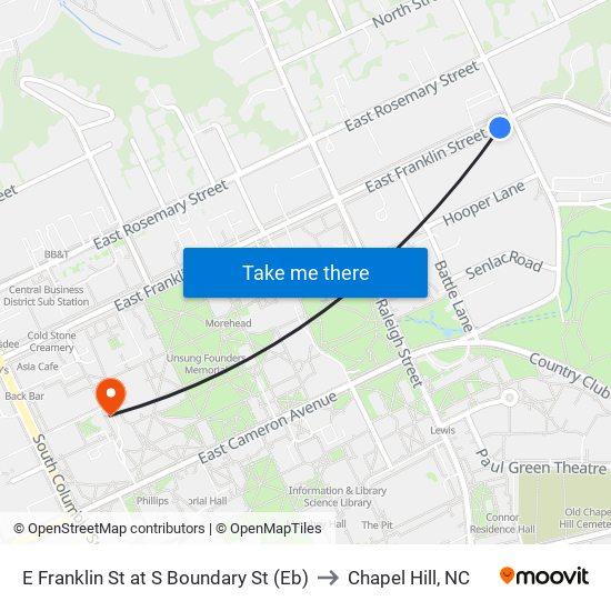 E Franklin St at S Boundary St (Eb) to Chapel Hill, NC map