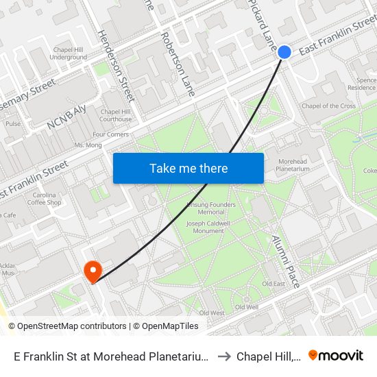 E Franklin St at Morehead Planetarium (Wb) to Chapel Hill, NC map