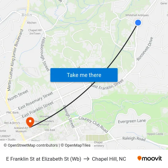 E Franklin St at Elizabeth St (Wb) to Chapel Hill, NC map